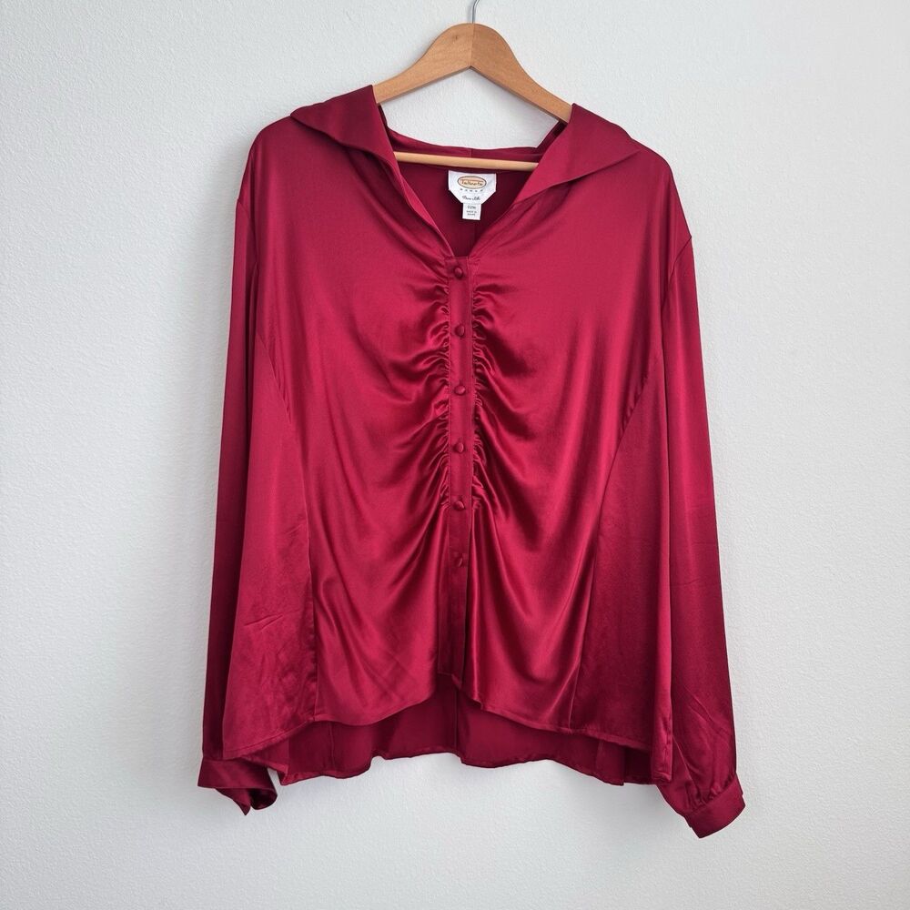 Talbots Top Womens 22W Red Silk Ruched Satin Long Sleeve Dressy Shirt